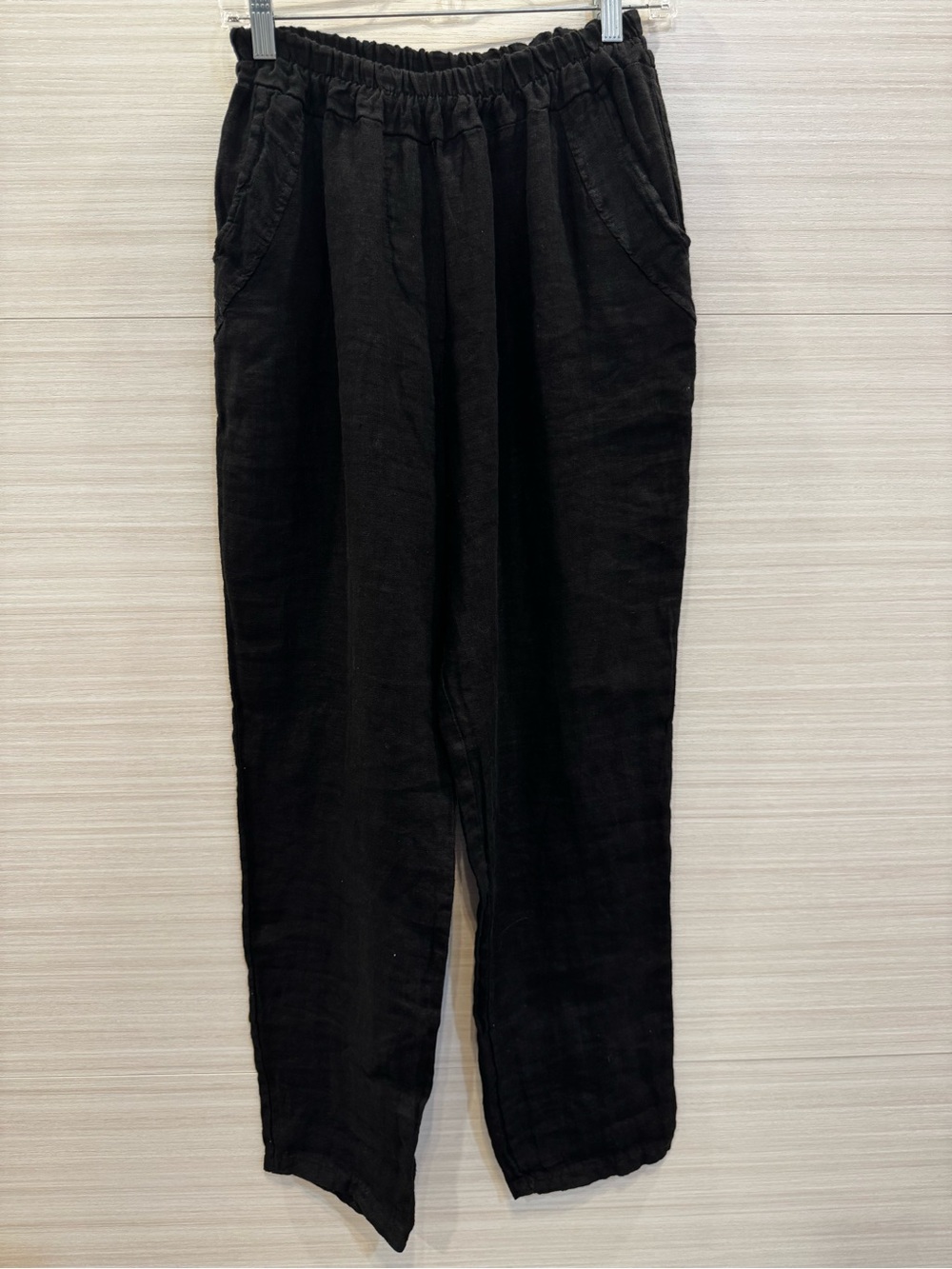 SAGA Italian Linen Pants Black Elastic Waist Pockets size M/L